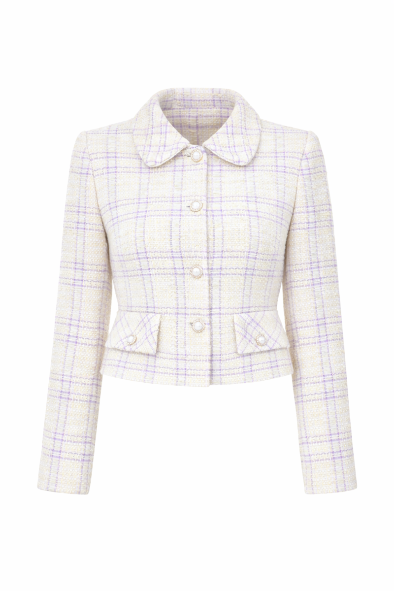 Дамско сако Eleganza кремаво букле с лавандулови нишки