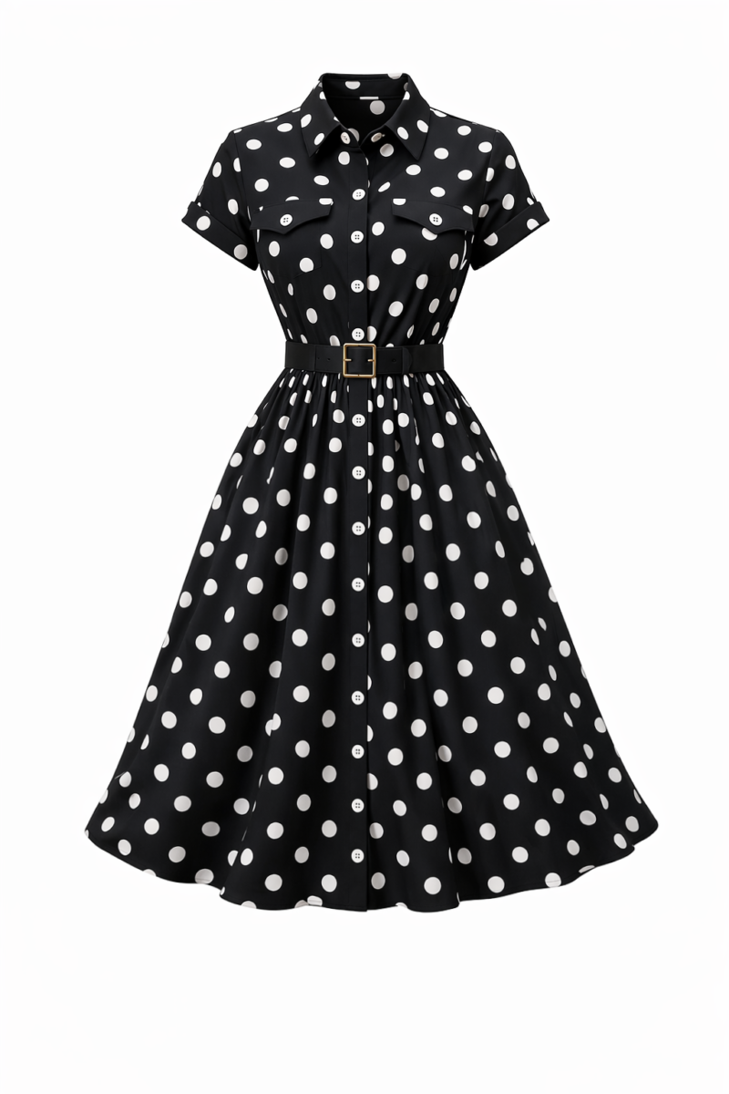 Дамска рокля NORA Polka – елегантна миди рокля на точки с колан и копчета