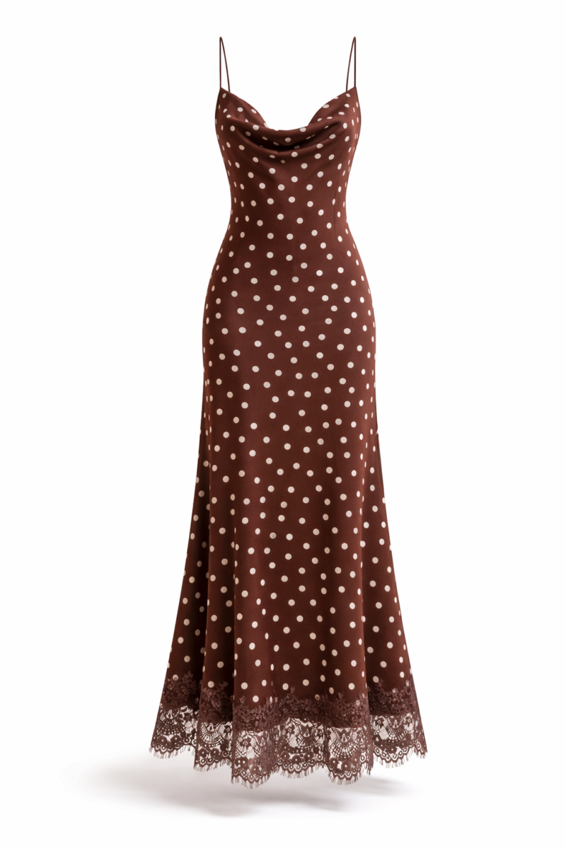 Дамска рокля ELAN – кафява рокля на точки с дантела