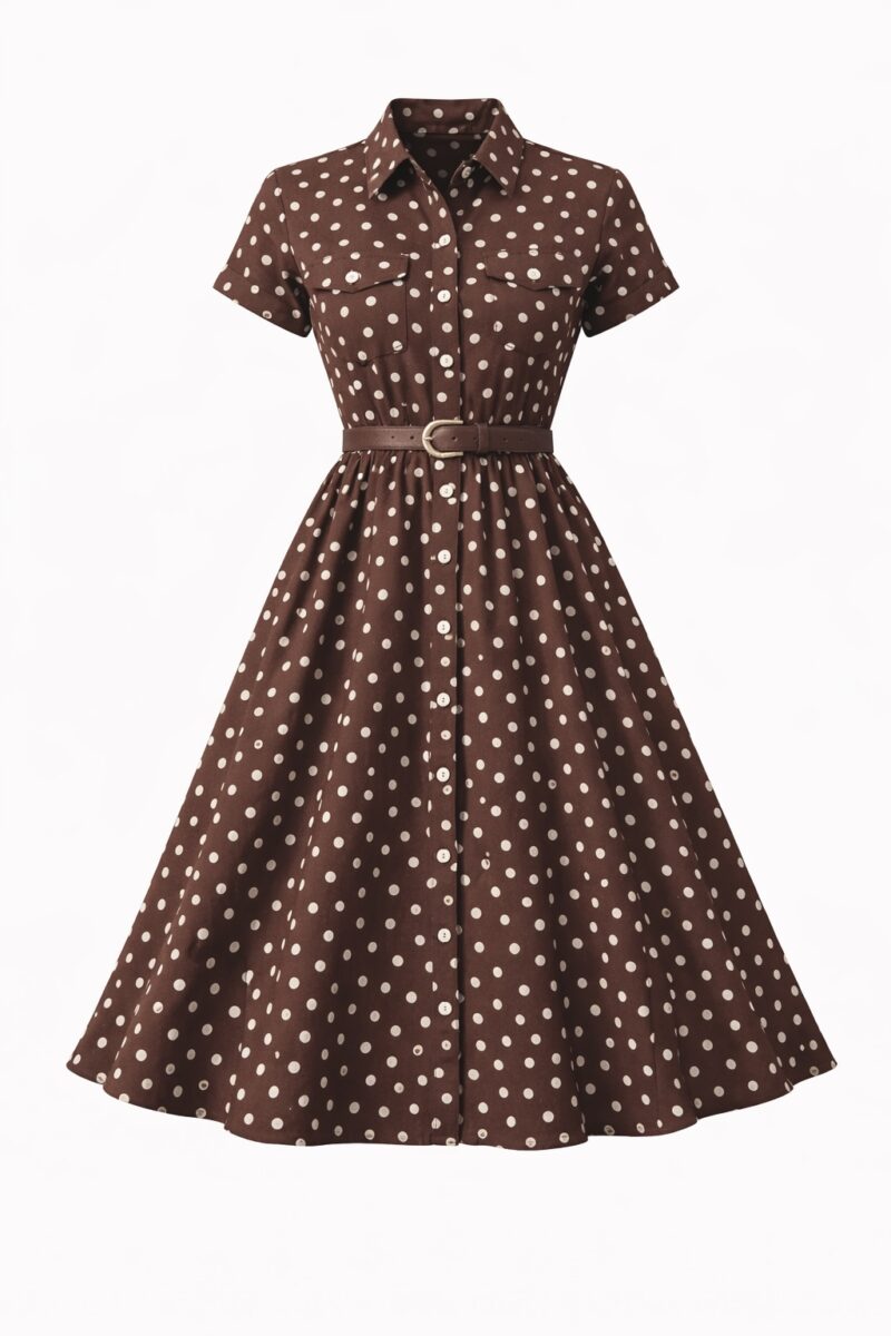 Дамска рокля ELARA – кафява рокля на точки миди клош с колан и копчета