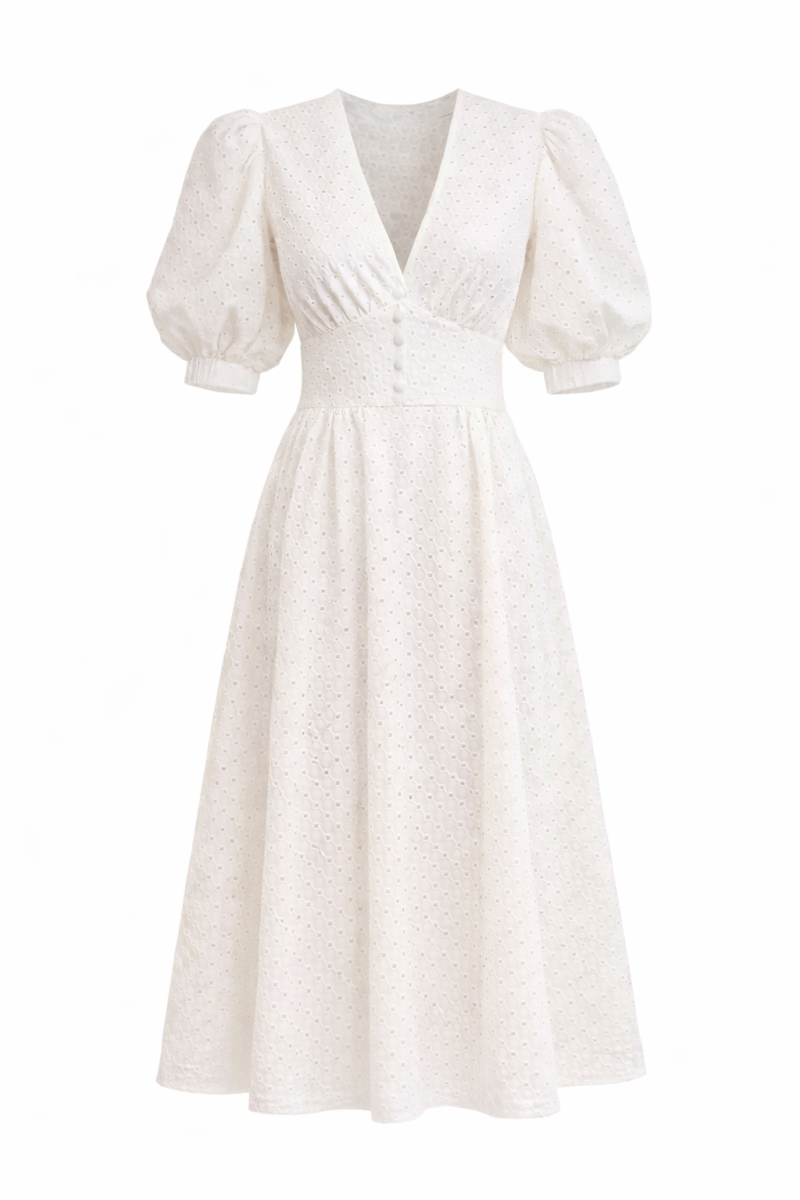 Дамска рокля WHITE ELEGANCE от памук с буфан ръкави и миди дължина