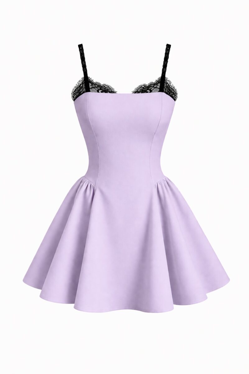 Дамска рокля ELARA – лилава корсетна рокля с дантела и клош пола